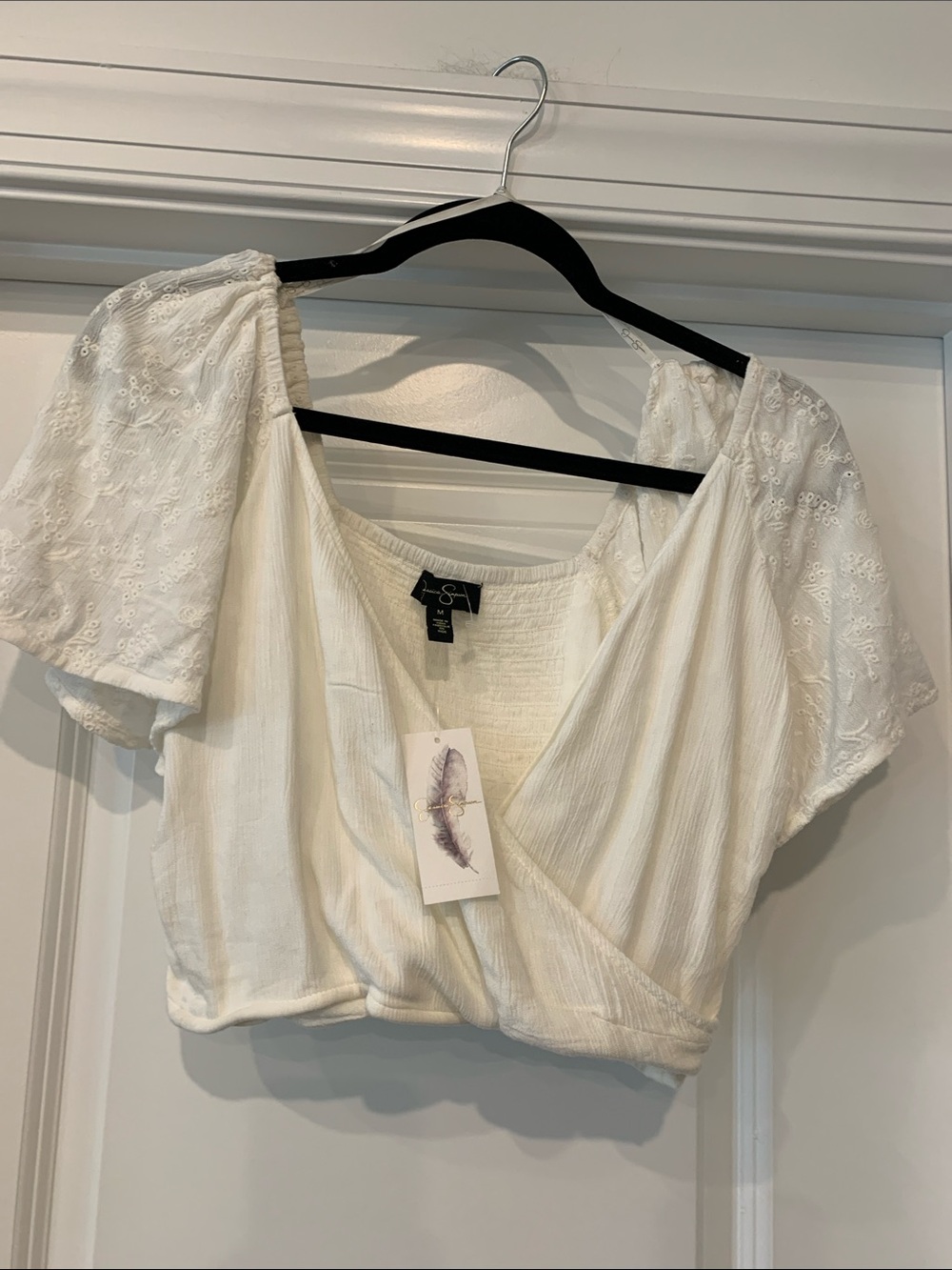 Jessica Simpson ivory Eyelet Puff-Sleeve Crop Top M NWT